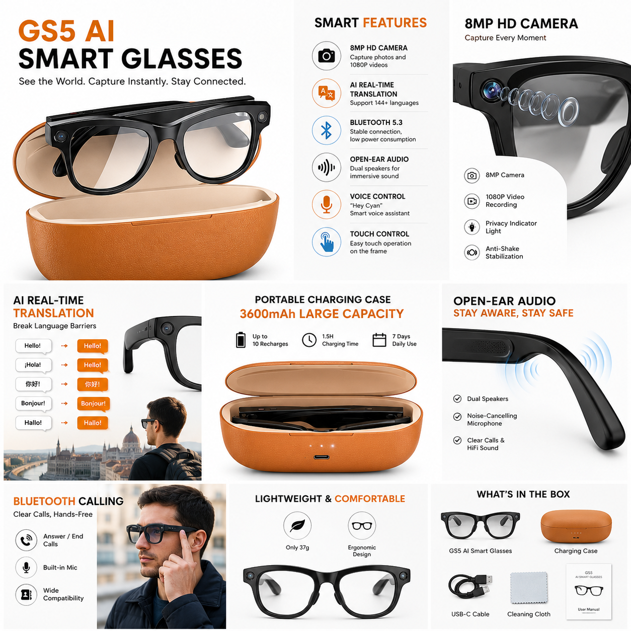 GS5 smart glasses with Bluetooth audio