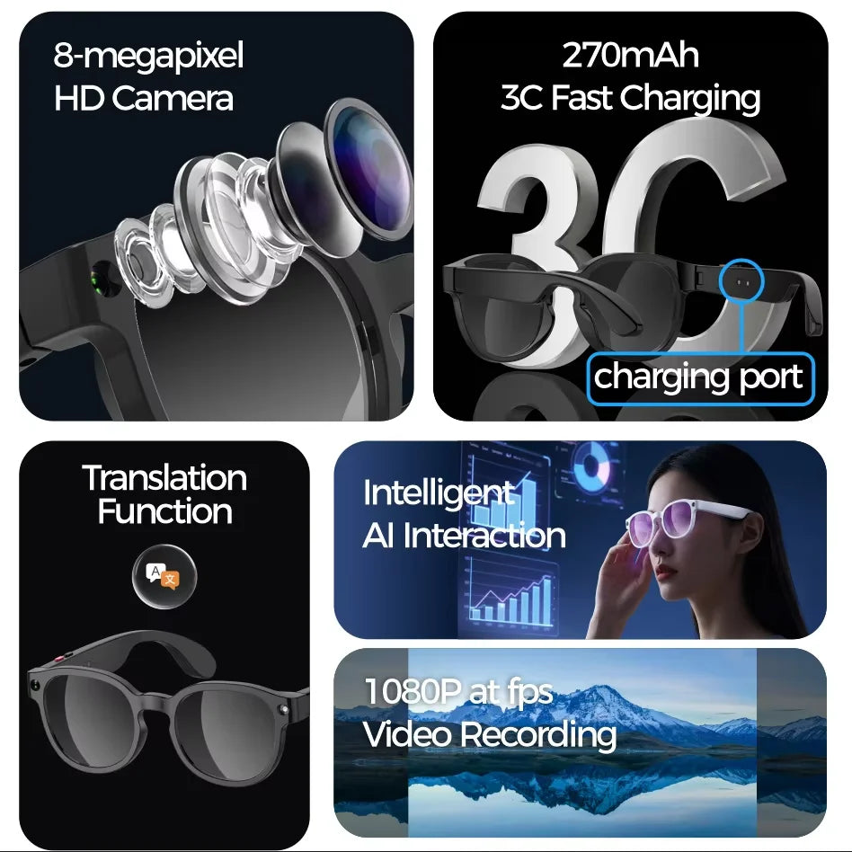 AI Smart Glasses with Camera & Bluetooth Audio – Wireless AR Glasses for Video Recording & Calls (AiMB-S1)