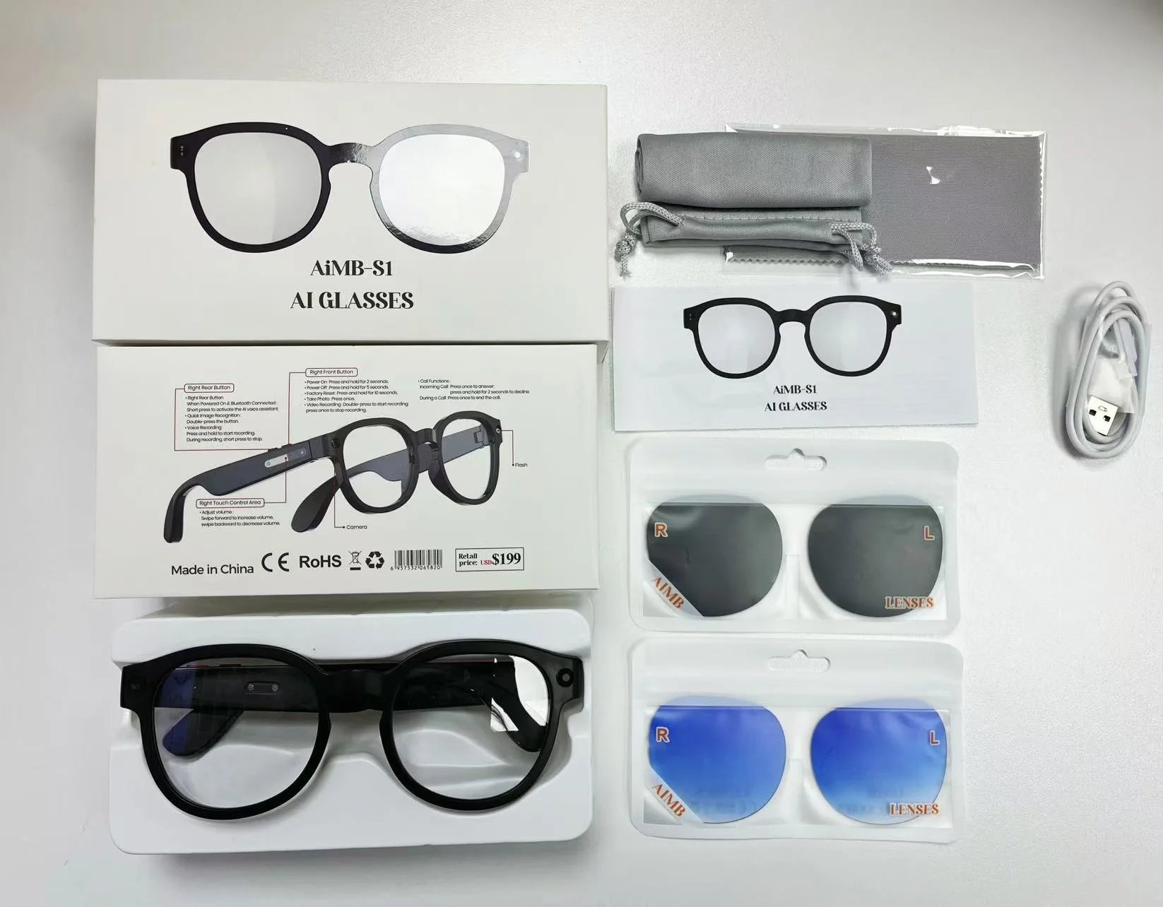AI Smart Glasses with Camera & Bluetooth Audio – Wireless AR Glasses for Video Recording & Calls (AiMB-S1)