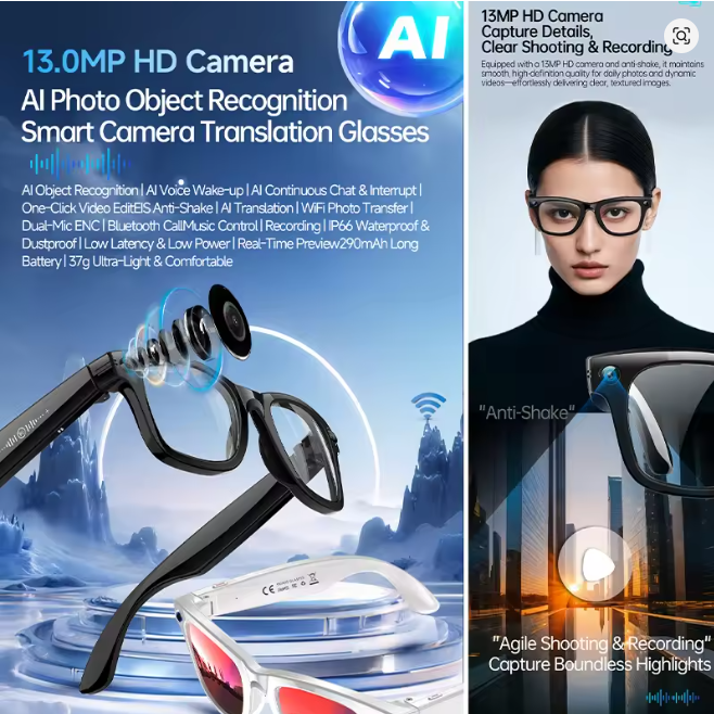 AI Smart Glasses with 13MP HD Camera, 1080P Video Recording, Real-Time AI Translation, Bluetooth Audio, WiFi Sync & Voice Assistant | Smart Camera Glasses UK