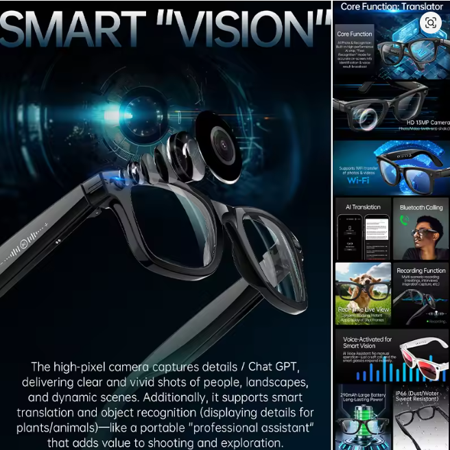 AI Smart Glasses with 13MP HD Camera, 1080P Video Recording, Real-Time AI Translation, Bluetooth Audio, WiFi Sync & Voice Assistant | Smart Camera Glasses UK
