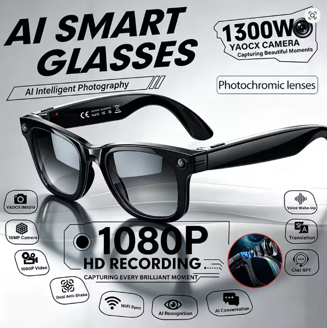 AI Smart Glasses with 13MP HD Camera, 1080P Video Recording, Real-Time AI Translation, Bluetooth Audio, WiFi Sync & Voice Assistant | Smart Camera Glasses UK