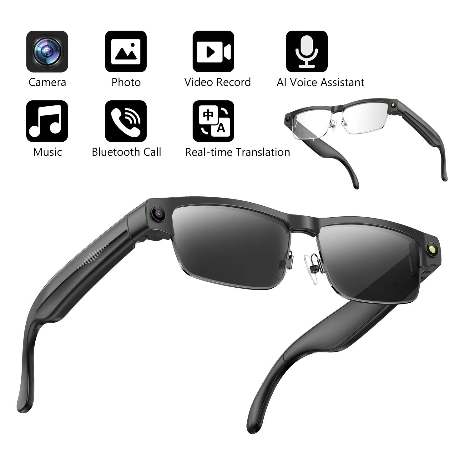 AI Smart Glasses with Camera & Bluetooth Calls UK | 4K Video Recording, Real-Time Translation & Open Ear Audio