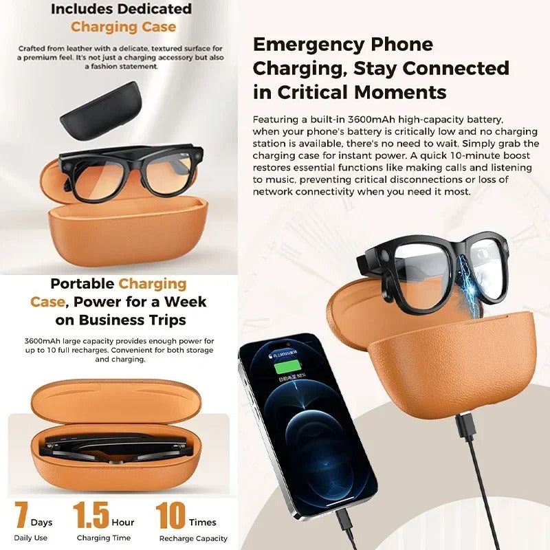 2026 AI Smart Glasses with 4K Camera & Charging Case | Bluetooth Smart Glasses UK | Real-Time Translation, AI Voice Assistant & Open-Ear Audio