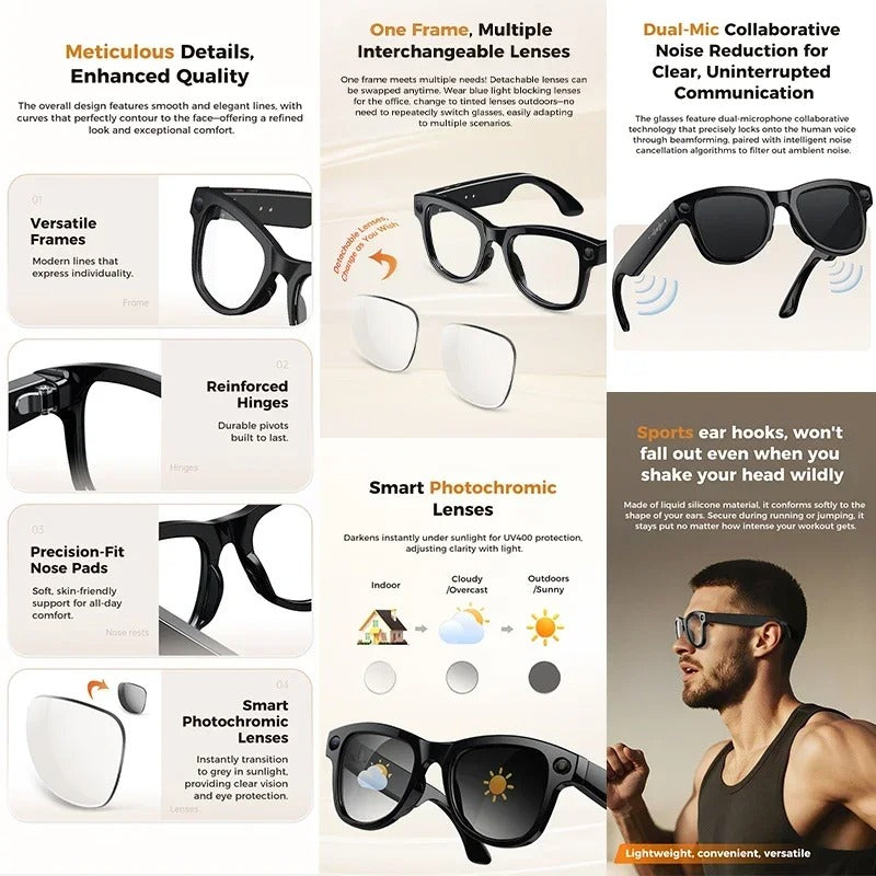 2026 AI Smart Glasses with 4K Camera & Charging Case | Bluetooth Smart Glasses UK | Real-Time Translation, AI Voice Assistant & Open-Ear Audio