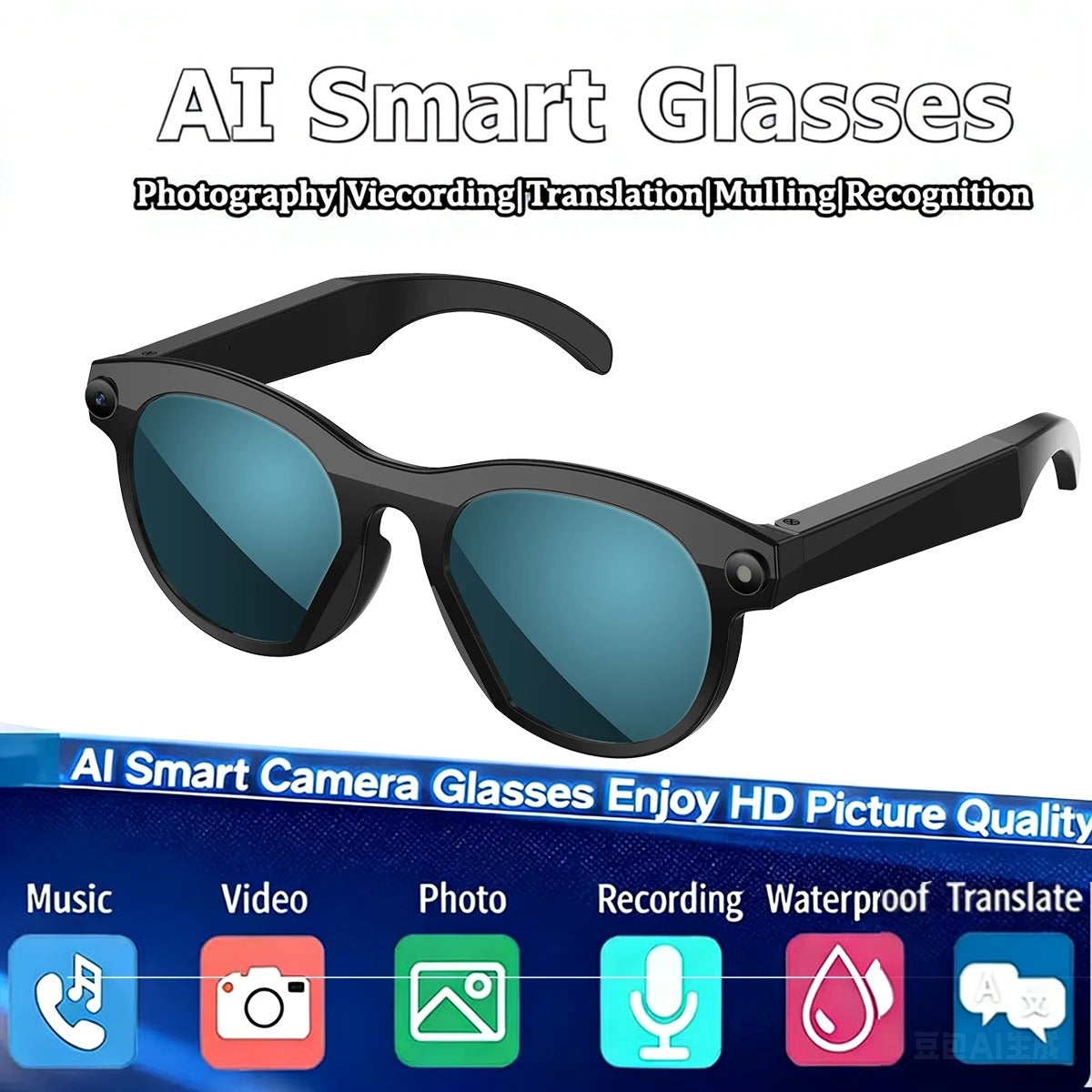 Black AI Smart Sunglasses with 2K Camera | Bluetooth Calling, Real-Time Translator, Waterproof — M88
